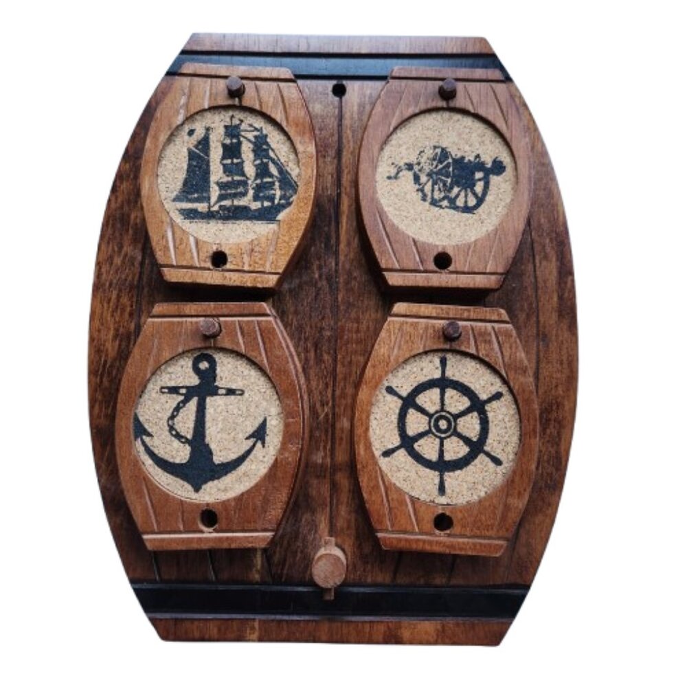 Vintage Nautical Cork Coaster Set w/ Wood Barrel Wall Holder